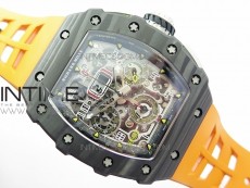 RM011 Carbon Case Chrono KVF 1:1 Best Edition Crystal Skeleton Yellow Dial on Orange Rubber Strap A7750