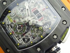 RM011 Carbon Case Chrono KVF 1:1 Best Edition Crystal Skeleton Yellow Dial on Orange Rubber Strap A7750