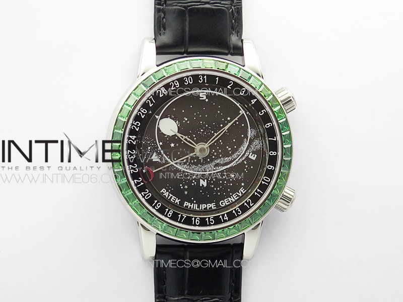 6104P Moon SS 3EF Best Edition Black Dial Green T Diamond Bezel on Black Leather Strap A240