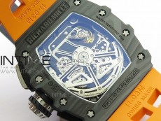 RM011 Carbon Case Chrono KVF 1:1 Best Edition Crystal Skeleton Yellow Dial on Orange Rubber Strap A7750