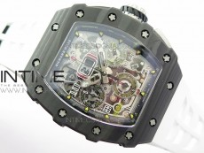 RM011 Carbon Case Chrono KVF 1:1 Best Edition Crystal Skeleton Yellow Dial on White Rubber Strap A7750