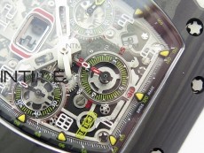 RM011 Carbon Case Chrono KVF 1:1 Best Edition Crystal Skeleton Yellow Dial on White Rubber Strap A7750