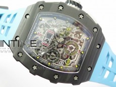RM011 Carbon Case Chrono KVF 1:1 Best Edition Crystal Skeleton Yellow Dial on Blue Rubber Strap A7750