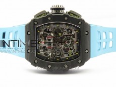 RM011 Carbon Case Chrono KVF 1:1 Best Edition Crystal Skeleton Yellow Dial on Blue Rubber Strap A7750