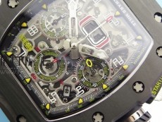 RM011 Carbon Case Chrono KVF 1:1 Best Edition Crystal Skeleton Yellow Dial on Blue Rubber Strap A7750