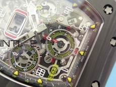 RM011 Carbon Case Chrono KVF 1:1 Best Edition Crystal Skeleton Yellow Dial on Blue Rubber Strap A7750