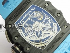 RM011 Carbon Case Chrono KVF 1:1 Best Edition Crystal Skeleton Yellow Dial on Blue Rubber Strap A7750