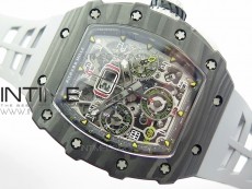 RM011 Carbon Case Chrono KVF 1:1 Best Edition Crystal Skeleton Yellow Dial on Gray Rubber Strap A7750