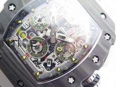 RM011 Carbon Case Chrono KVF 1:1 Best Edition Crystal Skeleton Yellow Dial on Gray Rubber Strap A7750