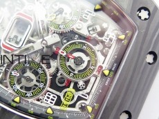 RM011 Carbon Case Chrono KVF 1:1 Best Edition Crystal Skeleton Yellow Dial on Gray Rubber Strap A7750