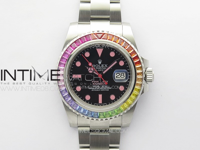 Submariner SS Pink Lady Rainbow Bezel SS RAF 1:1 Best Edition 904L SS Case and Bracelet VR3135