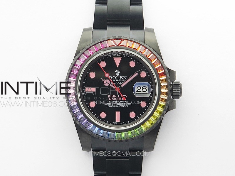Submariner PVD Pink Lady Rainbow Bezel SS RAF 1:1 Best Edition 904L SS Case and Bracelet VR3135