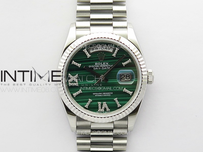 Daydate 128238 36mm SS RAF Best Edition Green Malachite Dial Crystal Markers on SS President Bracelet A2836