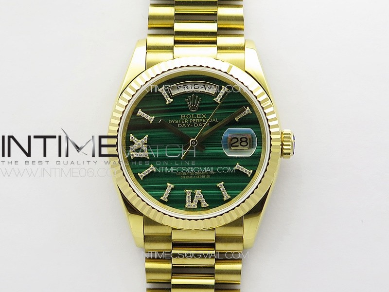 Daydate 128238 36mm YG RAF Best Edition Green Malachite Dial Crystal Markers on SS President Bracelet A2836