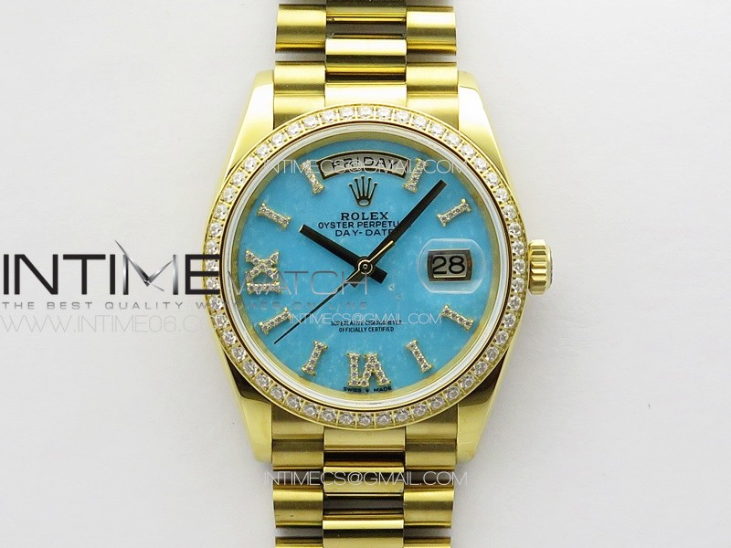 Daydate 128238 36mm YG RAF Best Edition Blue Dial Crystal Markers on SS President Bracelet A2836