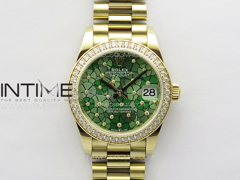 DateJust 31mm 278274 YG Crystals Bezel GMF Best Edition Green Flowers Crystals Dial on YG President Bracelet A2824