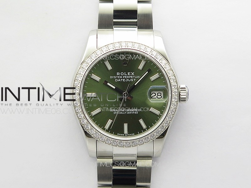 DateJust 31mm 72610 SS Crystals Bezel APSF Best Edition Green Dial Sticks Markers on Oyster Bracelet A2824