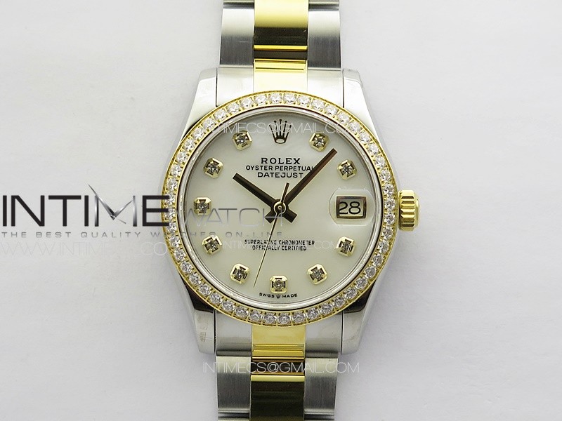 DateJust 31mm 72610 SS/YG Crystals Bezel APSF Best Edition White MOP Dial Crystals Markers on Oyster Bracelet A2824