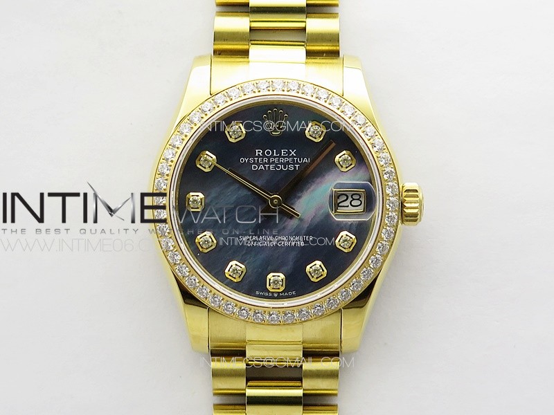 DateJust 31mm YG/Crystals Bezel APSF Best Edition Blue MOP Dial Crystals Markers on President Bracelet A2824