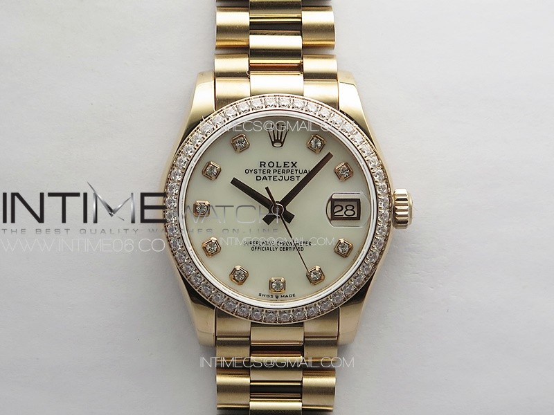 DateJust 31mm RG/Crystals Bezel APSF Best Edition White MOP Dial Crystals Markers on President Bracelet A2824