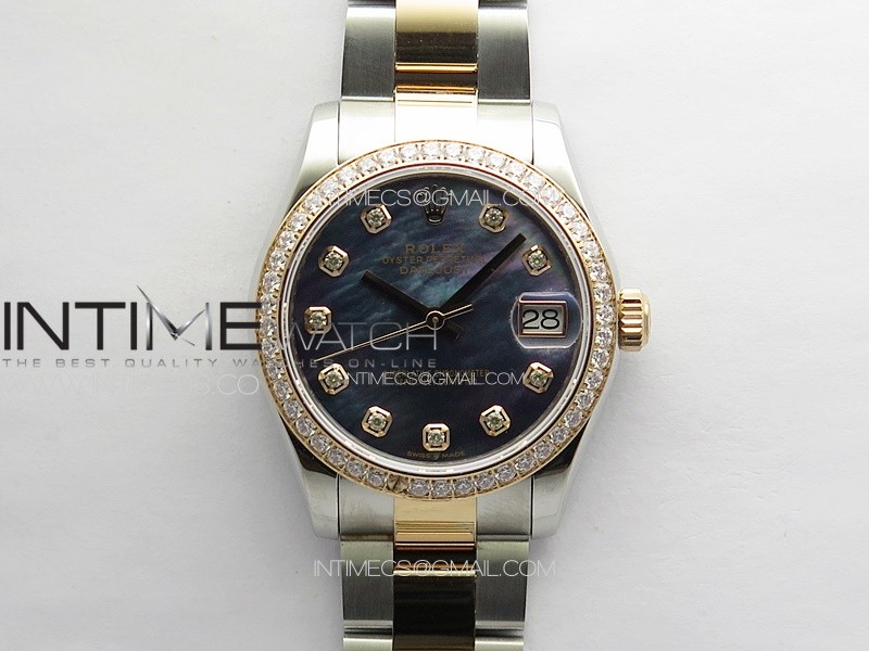 DateJust 31mm 72610 SS/Crystals Bezel APSF Best Edition Blue MOP Dial Crystals Markers on Oyster Bracelet A2824