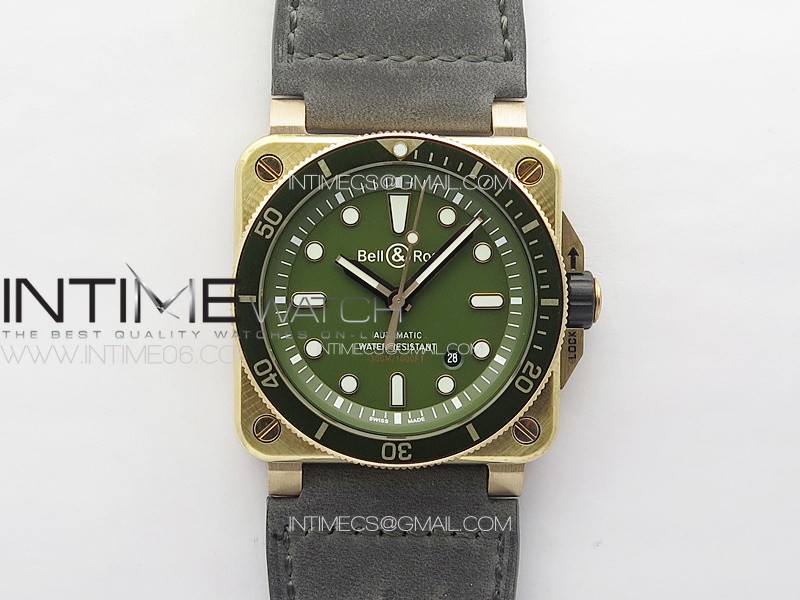 BR 03-92 Diver Ceramic Bezel Bronze B12 1:1 Best Edition Green Dial on Gray Leather Strap MIYOTA 9015 (Free Rubber Strap)