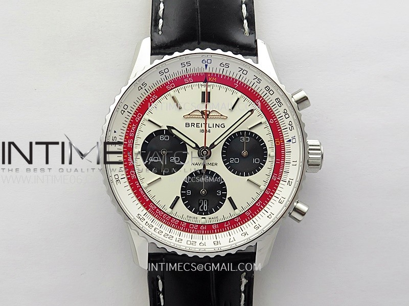 Navitimer B01 43mm SS BLSF 1:1 Best Edition White Dial Black Subdials On Black Leather Strap A7750