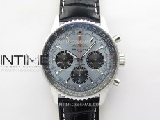 Navitimer B01 43mm SS BLSF 1:1 Best Edition Ice Blue Dial Black Subdials On Black Leather Strap A7750
