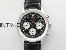 Navitimer B01 43mm SS BLSF 1:1 Best Edition Black Dial Silver Subdials On Black Leather Strap A7750